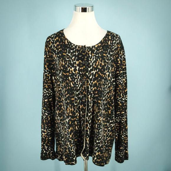 Talbots Plus Size 2X Leopard Animal Print Button Merino Wool Cardigan Sweater - Picture 1 of 5